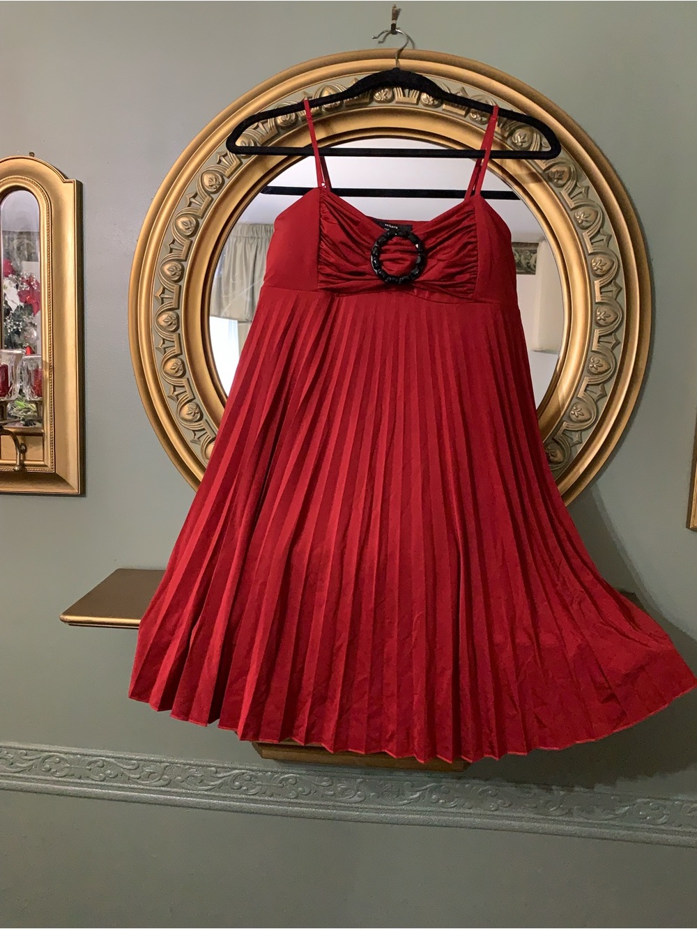 Takara Red Pleated Spaghetti-Strap Mini Dress with Ring Detail